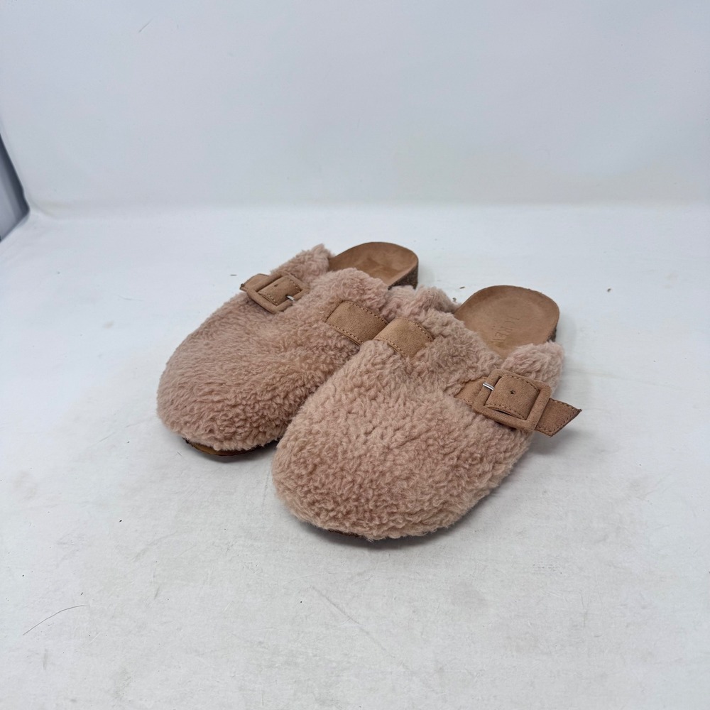 J.Crew Sherpa Buckle Clogs Tan 6 Faux Fur Mules Slip On Shoes Hygge Comfort
